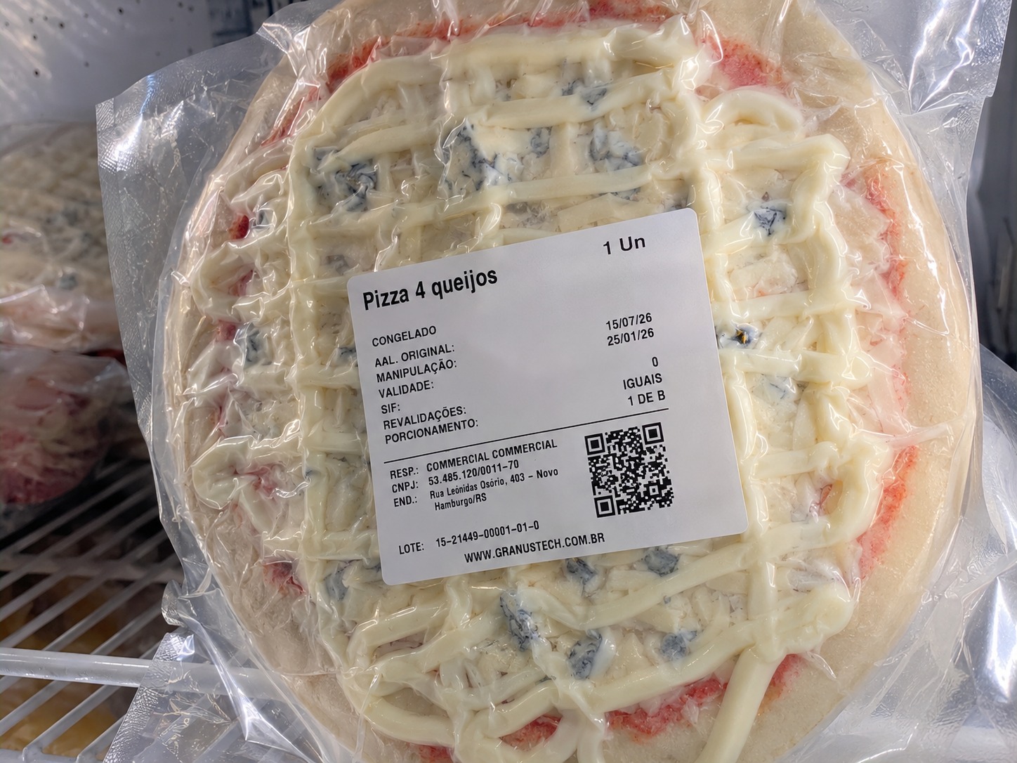 Etiqueta da Granus aplicada em embalagem de pizza congelada