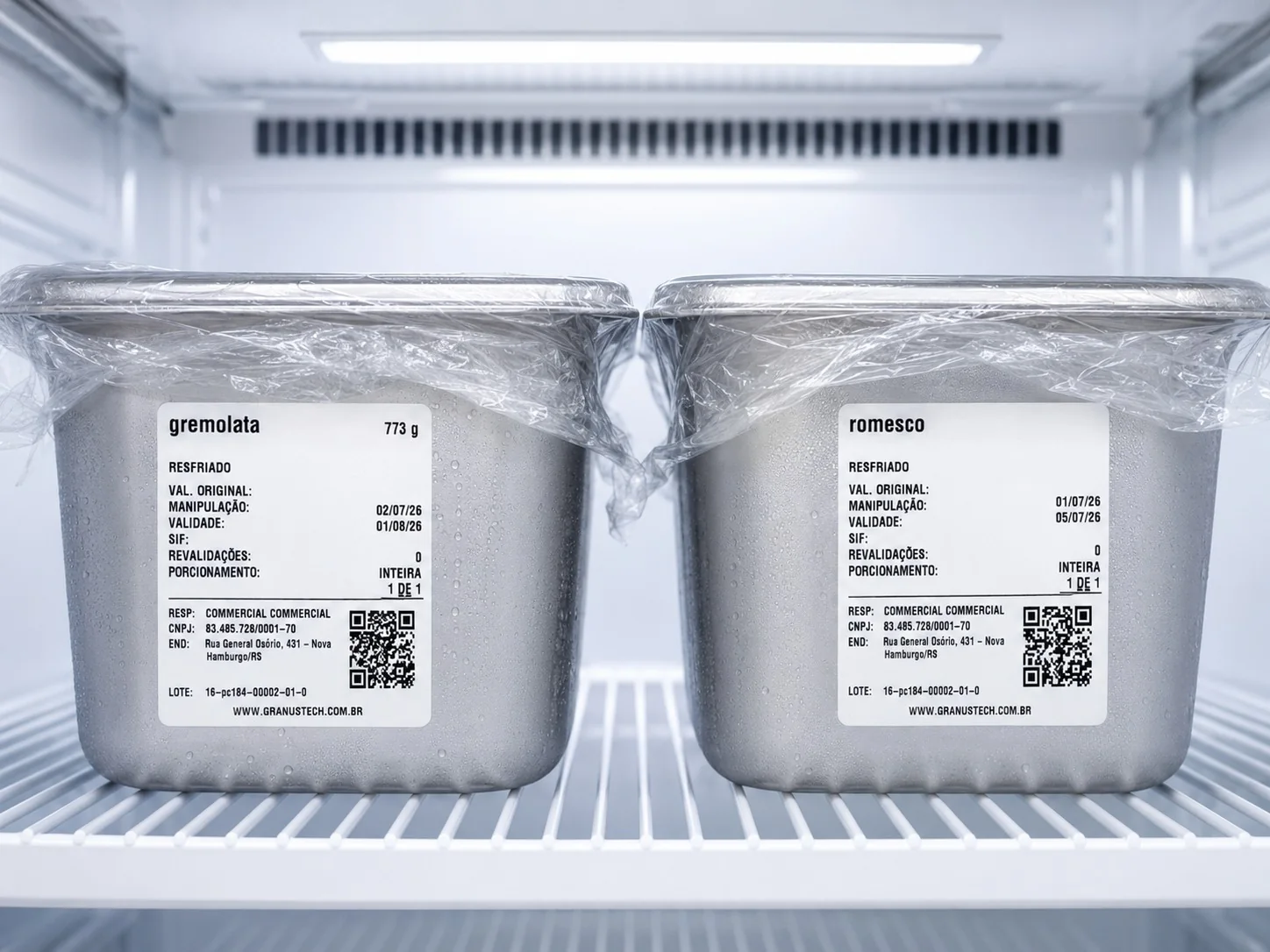 Etiquetas da Granus aplicadas em potes de preparos como gremolata e romesco