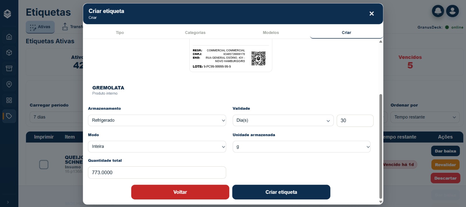 Tela da plataforma Granus para preencher os dados da etiqueta