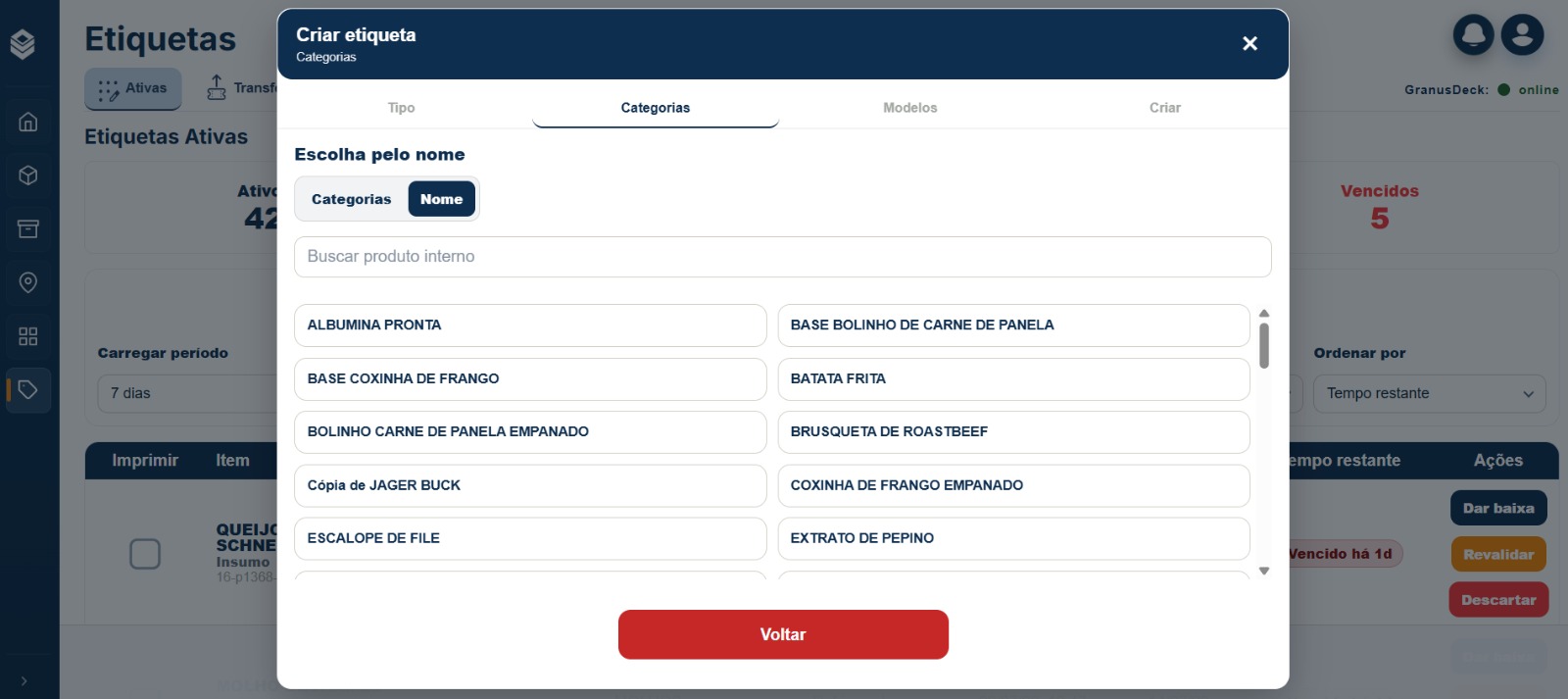 Tela da plataforma Granus para escolha do produto a ser etiquetado