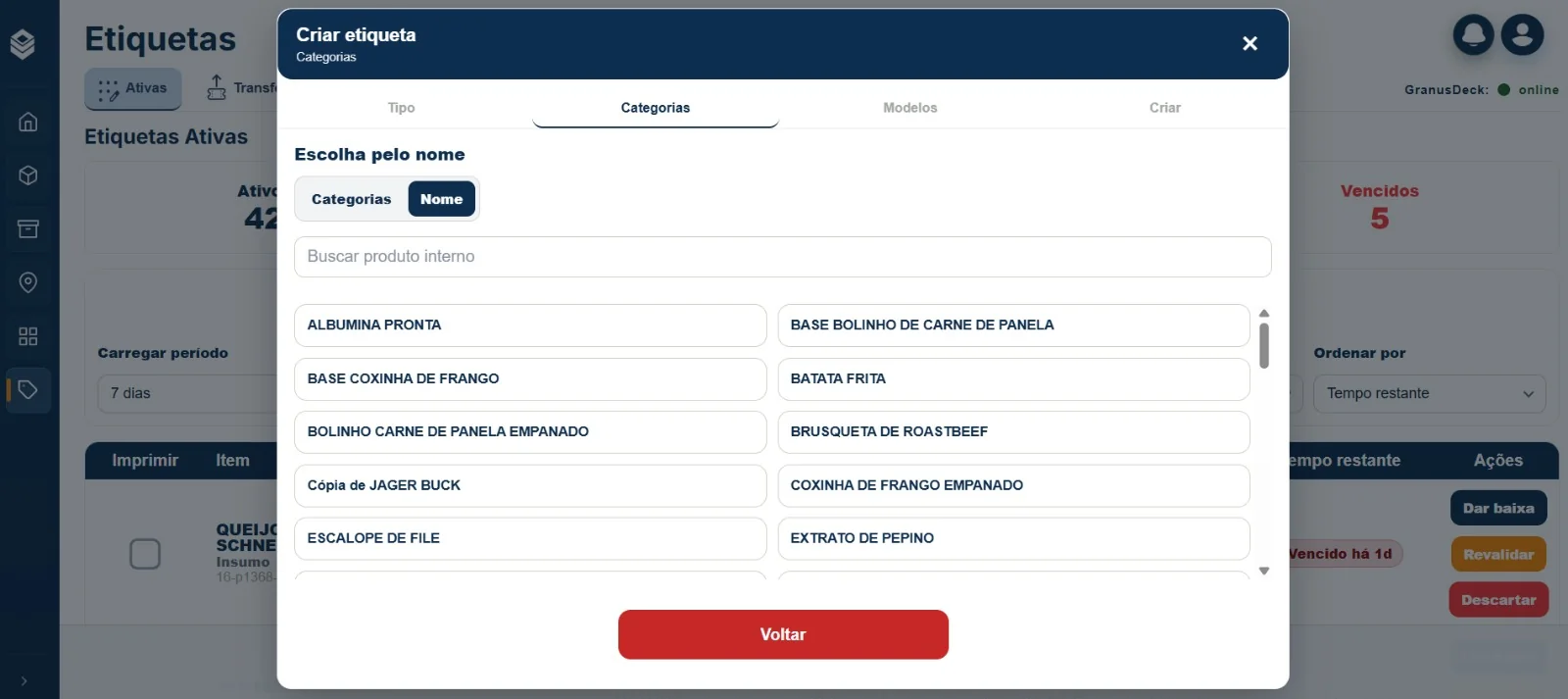 Tela da plataforma Granus para escolha do produto a ser etiquetado